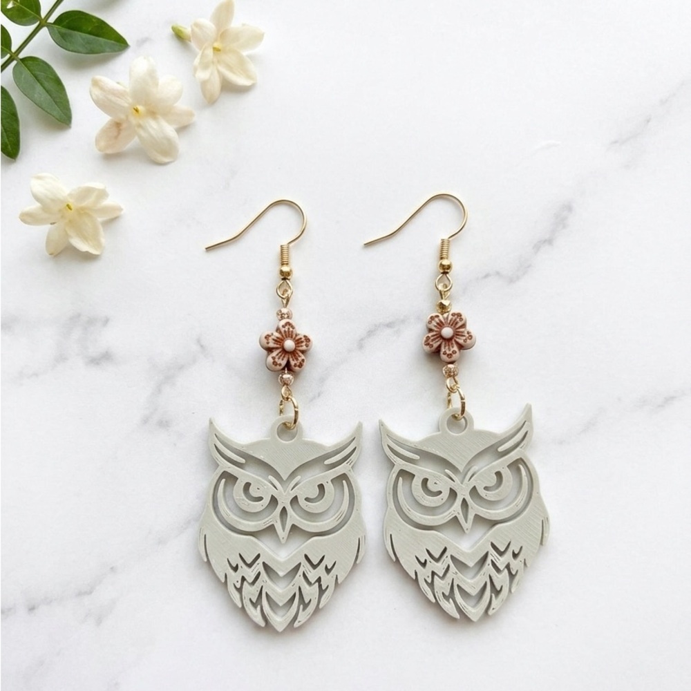 Owl Dangle Earrings | Floral Connector Lightweight Boho Jewelry Gold-Tone Hooks - Picture 2 of 7
